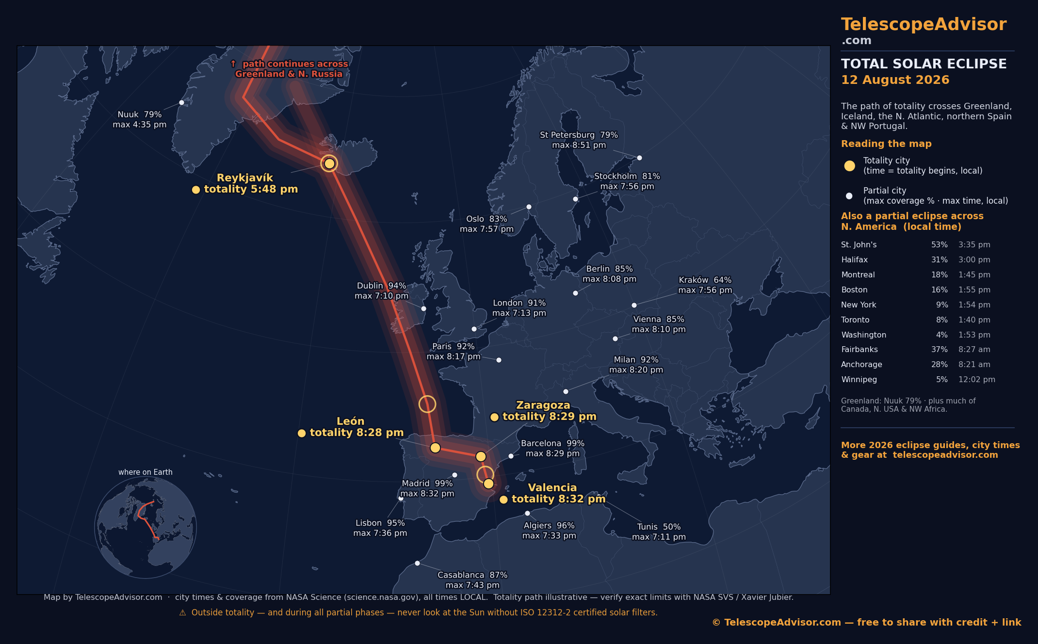 Eclipse path map — August 12, 2026 total solar eclipse path across Greenland, Iceland, and Spain