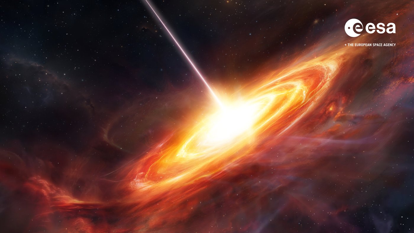 Artist's concept of an ancient quasar — a fiery red-orange disc of material spiralling into a supermassive black hole at the centre of a distant galaxy