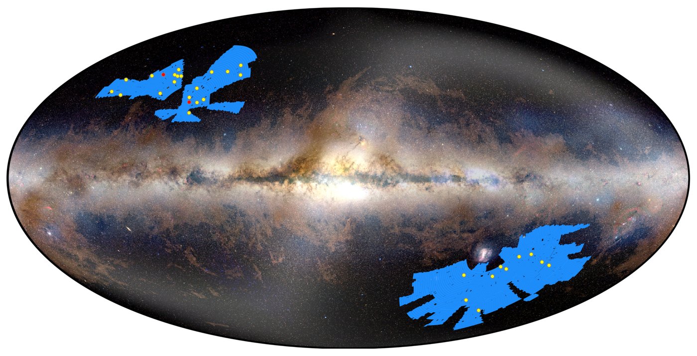 All-sky map showing the locations of 31 newly discovered quasars by ESA's Euclid telescope — yellow dots mark quasar positions overlaid on Planck's map of the Milky Way