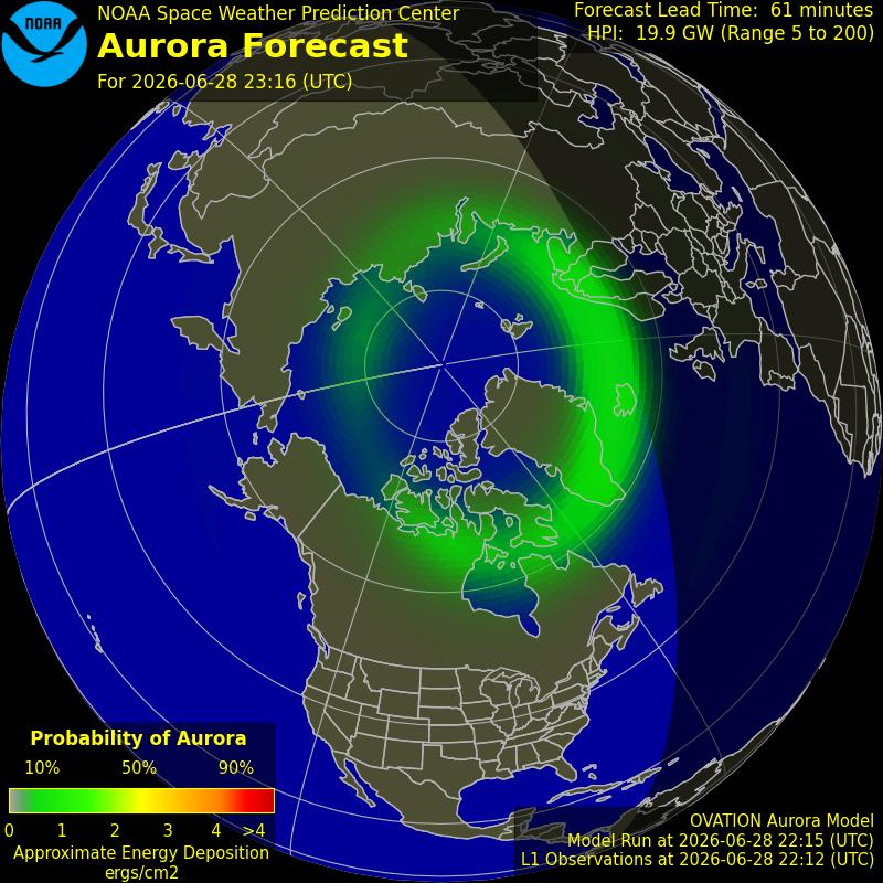 NOAA SWPC aurora forecast map showing the auroral oval — the green ring shows where aurora is currently predicted to be visible from the northern hemisphere
