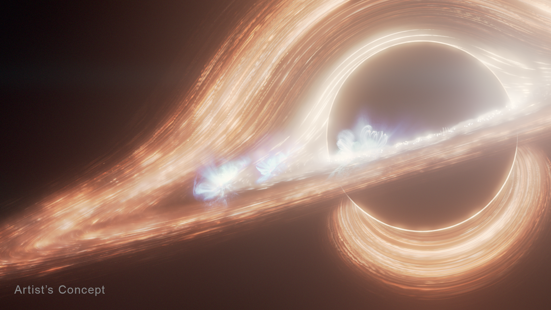 Artist's concept of Sagittarius A* — the supermassive black hole at the center of our Milky Way galaxy, surrounded by a swirling orange accretion disk of hot gas
