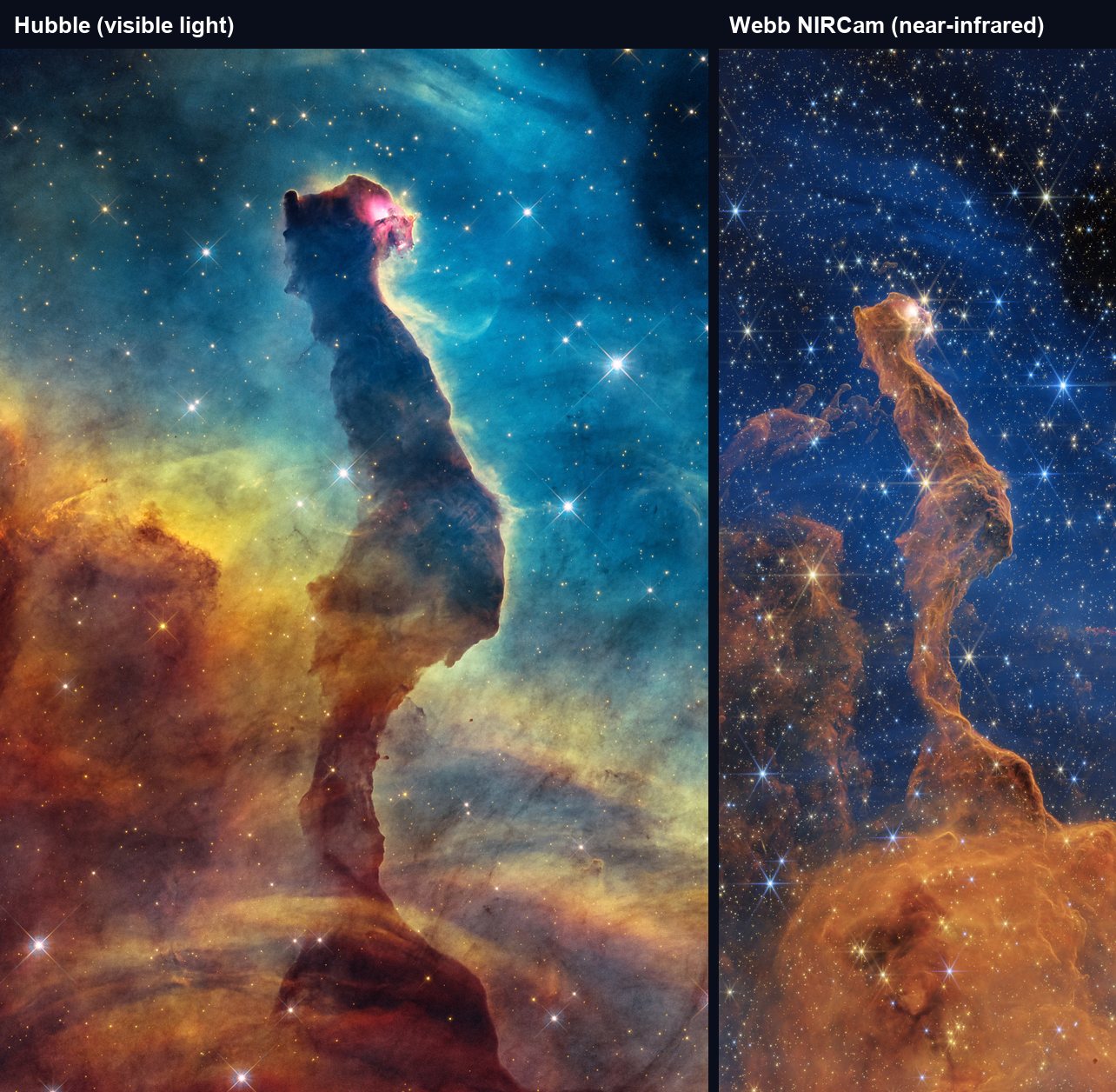 Side-by-side comparison of the Cat's Head Nebula: on the left, Hubble's visible-light image with a dark opaque pillar; on the right, Webb's NIRCam near-infrared image where the same pillar looks orange and partly see-through against a dark blue sky packed with stars