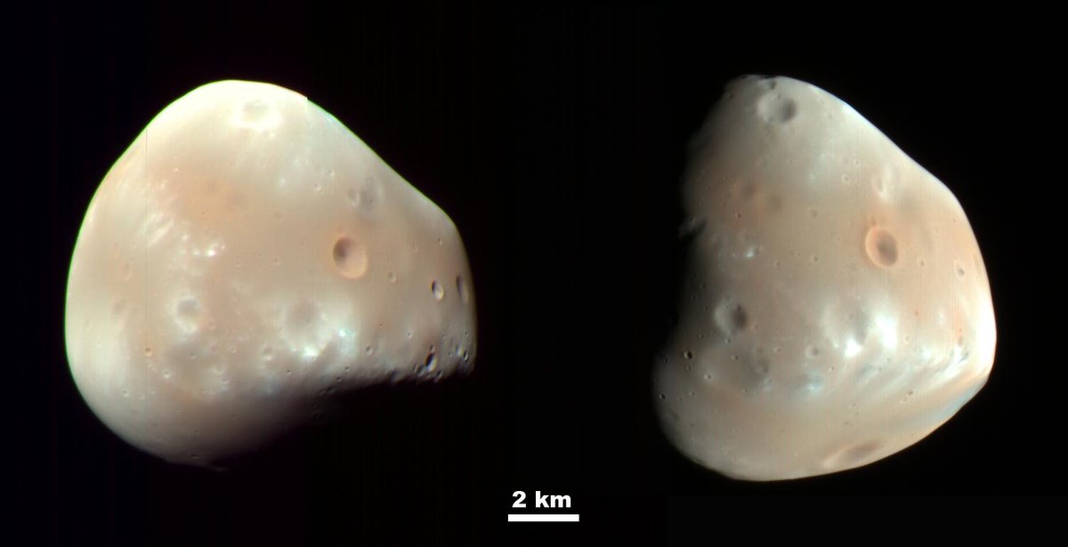 Two colour views of Mars's smaller moon Deimos taken by the HiRISE camera on NASA's Mars Reconnaissance Orbiter in 2009, with a 2 km scale bar