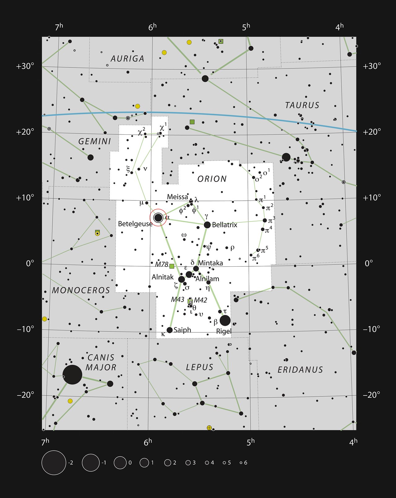The star Betelgeuse in the constellation of Orion — a wide-angle photograph showing Orion's prominent stars including Rigel, Bellatrix, and the three Belt stars with Betelgeuse glowing orange at the upper-left shoulder