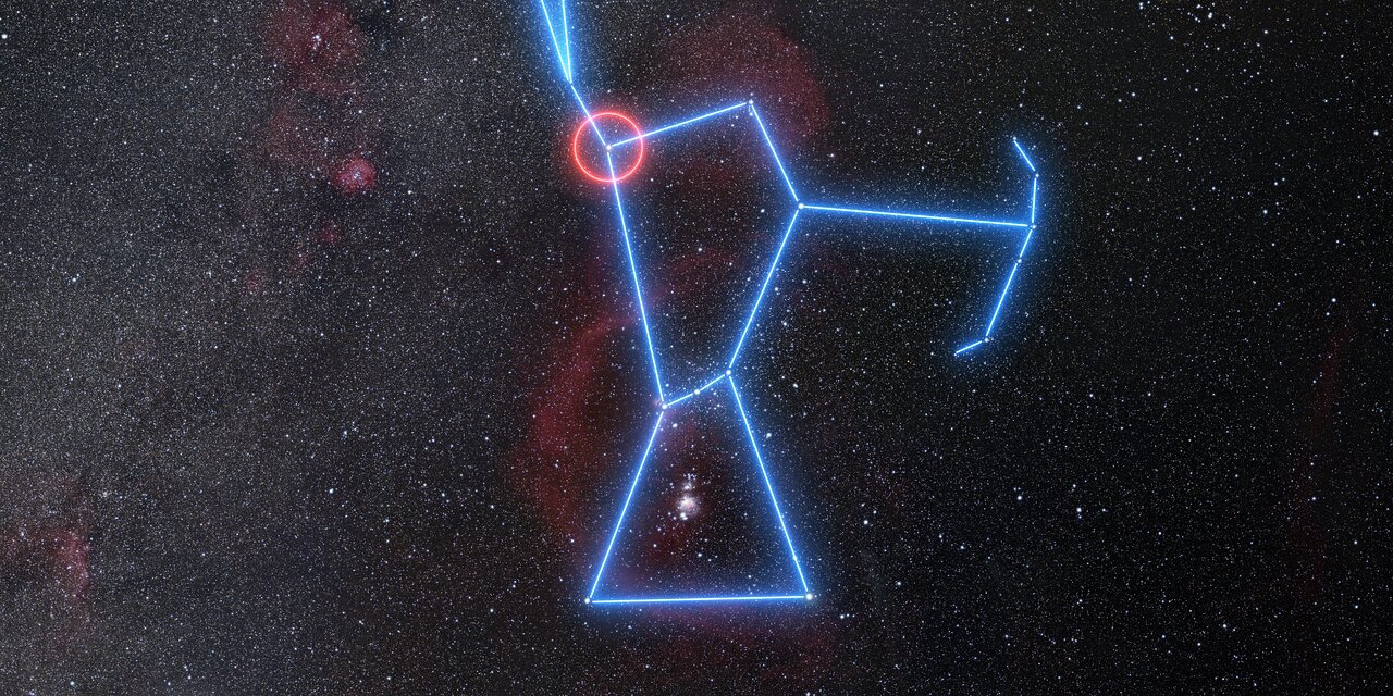 Wide-field view of the region of the sky where Betelgeuse is located — the Orion constellation shown against a rich starfield