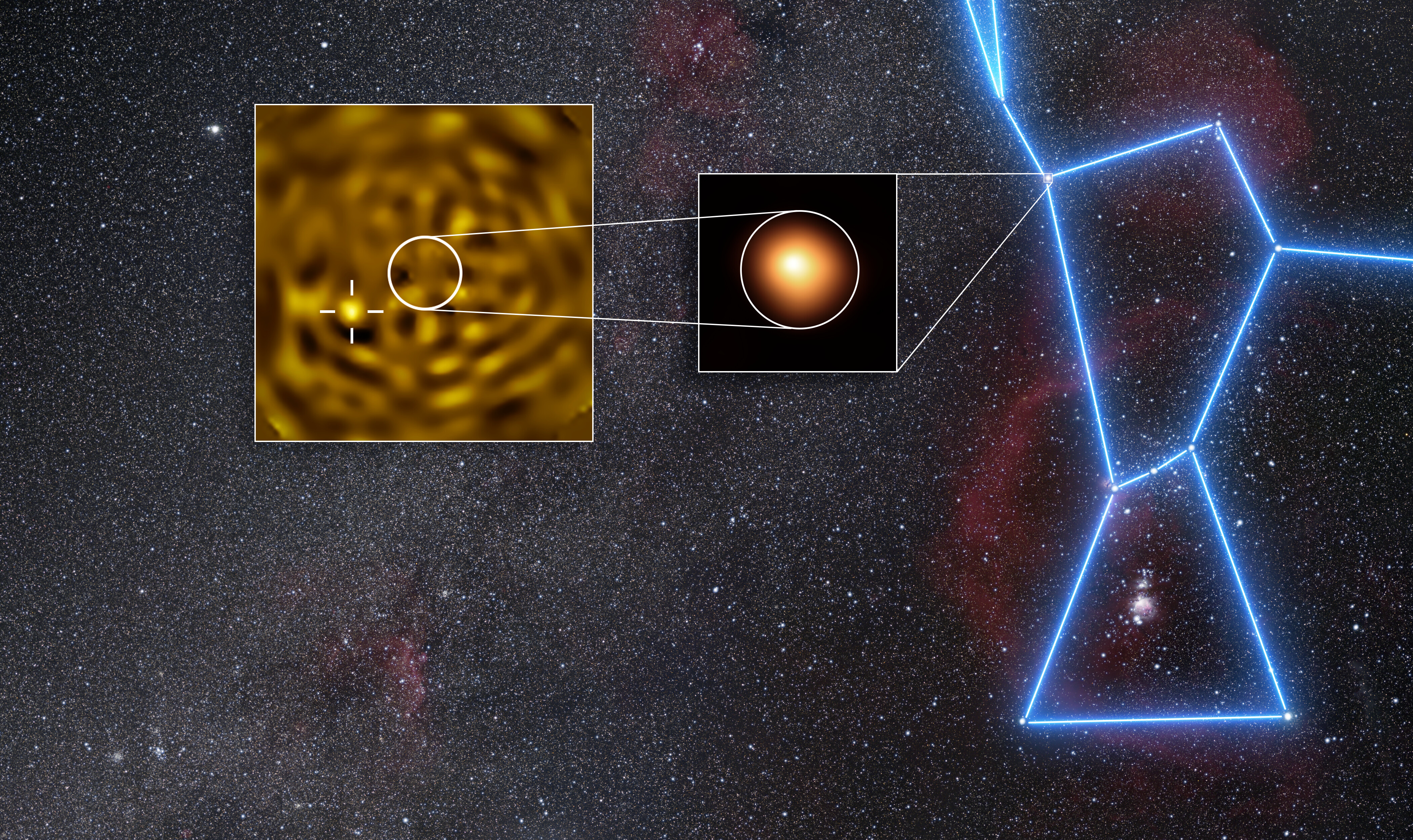 VLT images of Betelgeuse and its companion — a wide-field starry background shows the Orion constellation with blue connecting lines, while inset images zoom into Betelgeuse's orange surface and its newly imaged companion star Betelgeuse B