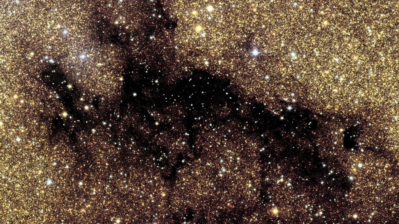 Euclid close-up of a molecular cloud in the Milky Way galactic bulge — a dark pillar of cold gas and dust silhouetted against the bright background of millions of stars, marking the birthplace of future stellar generations in the inner Milky Way