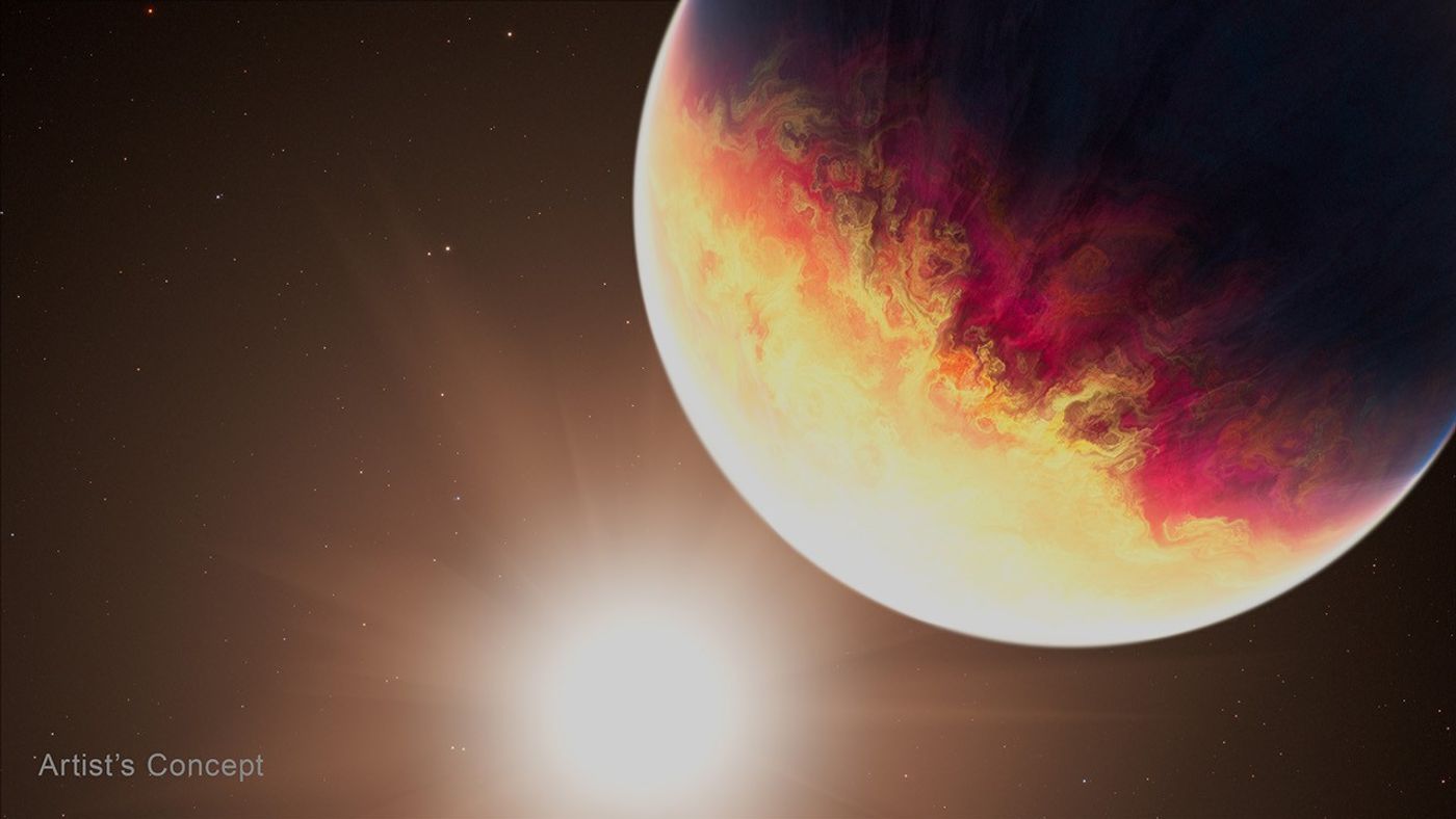 Artist concept of exoplanet HD 80606 b — a white-hot planet on one side fading to yellow, swirls of red, and black on the dark side, with a bright Sun-like star to its lower left against a starry space background