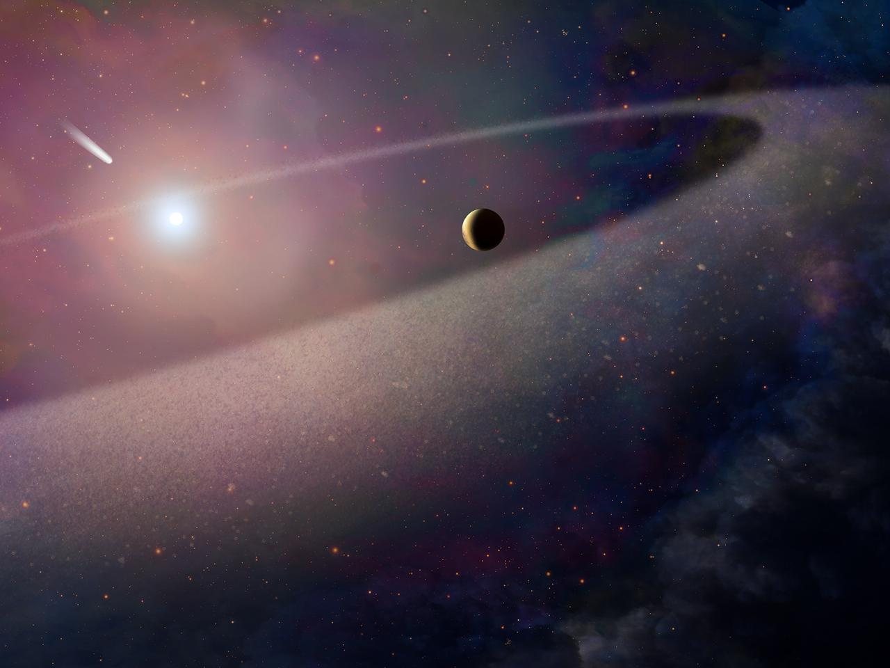 Artist's concept of a comet-like body being torn apart and falling onto a white dwarf, scattering debris that pollutes the star's atmosphere with heavy elements
