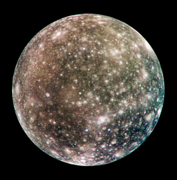 Jupiter's moon Callisto — the most heavily cratered surface in the solar system, a dark ancient world bearing 4 billion years of impact scars, photographed by NASA's Galileo spacecraft