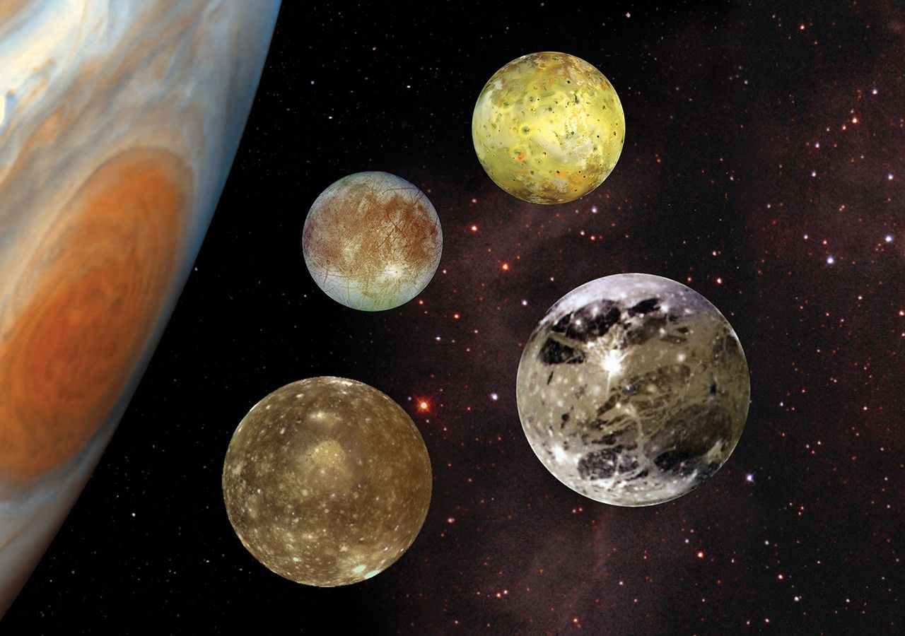 Jupiter with its Great Red Spot and the four Galilean moons — Io, Europa, Ganymede, and Callisto — composited against the blackness of space