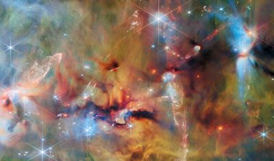 Webb NIRCam image of OMC-2 showing young stars and protostellar outflows