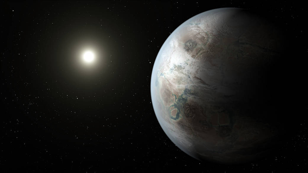 Artistic concept of Kepler-452b — a super-Earth exoplanet orbiting in the habitable zone of a Sun-like star, shown as a rocky world with clouds and surface water
