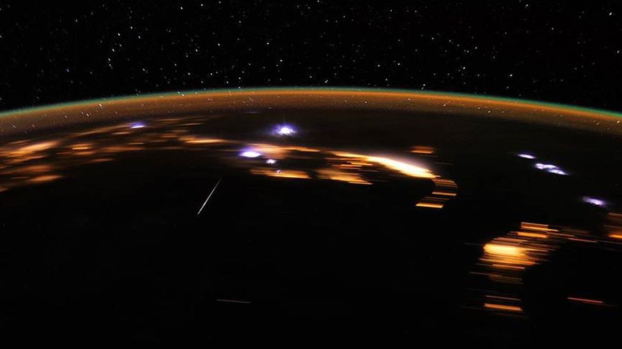 Lyrid meteor trail over Earth from orbital perspective