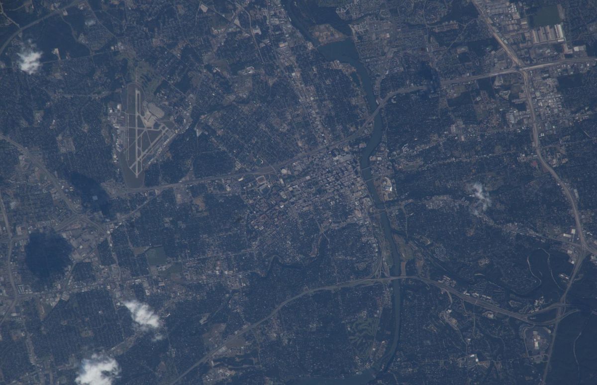 Austin and the Colorado River photographed from the International Space Station, with downtown and the university campus at centre