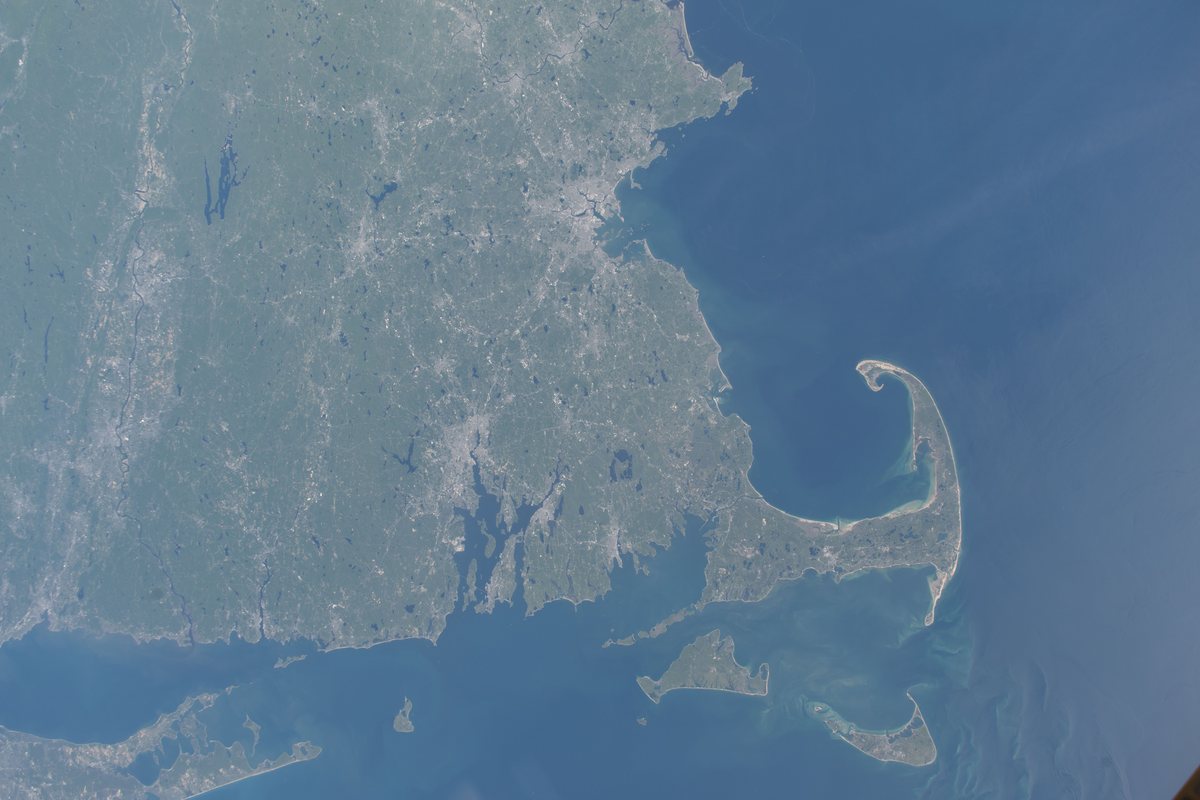 Cape Cod, the islands of Martha's Vineyard and Nantucket and the southern New England coast from Boston to Connecticut, photographed from the International Space Station in daylight