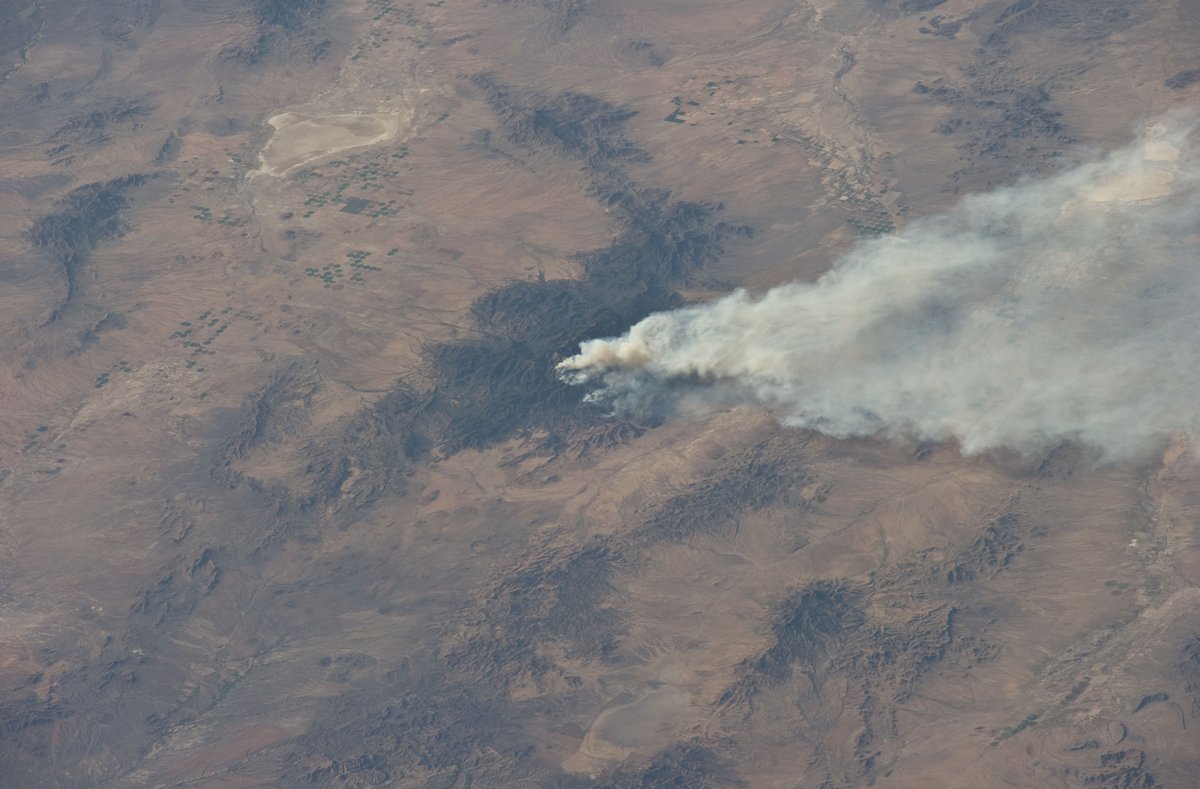 The dark forested Chiricahua Mountains in south-eastern Arizona seen from the International Space Station, with the pale Willcox Playa to the north-west and a wildfire smoke plume drifting east