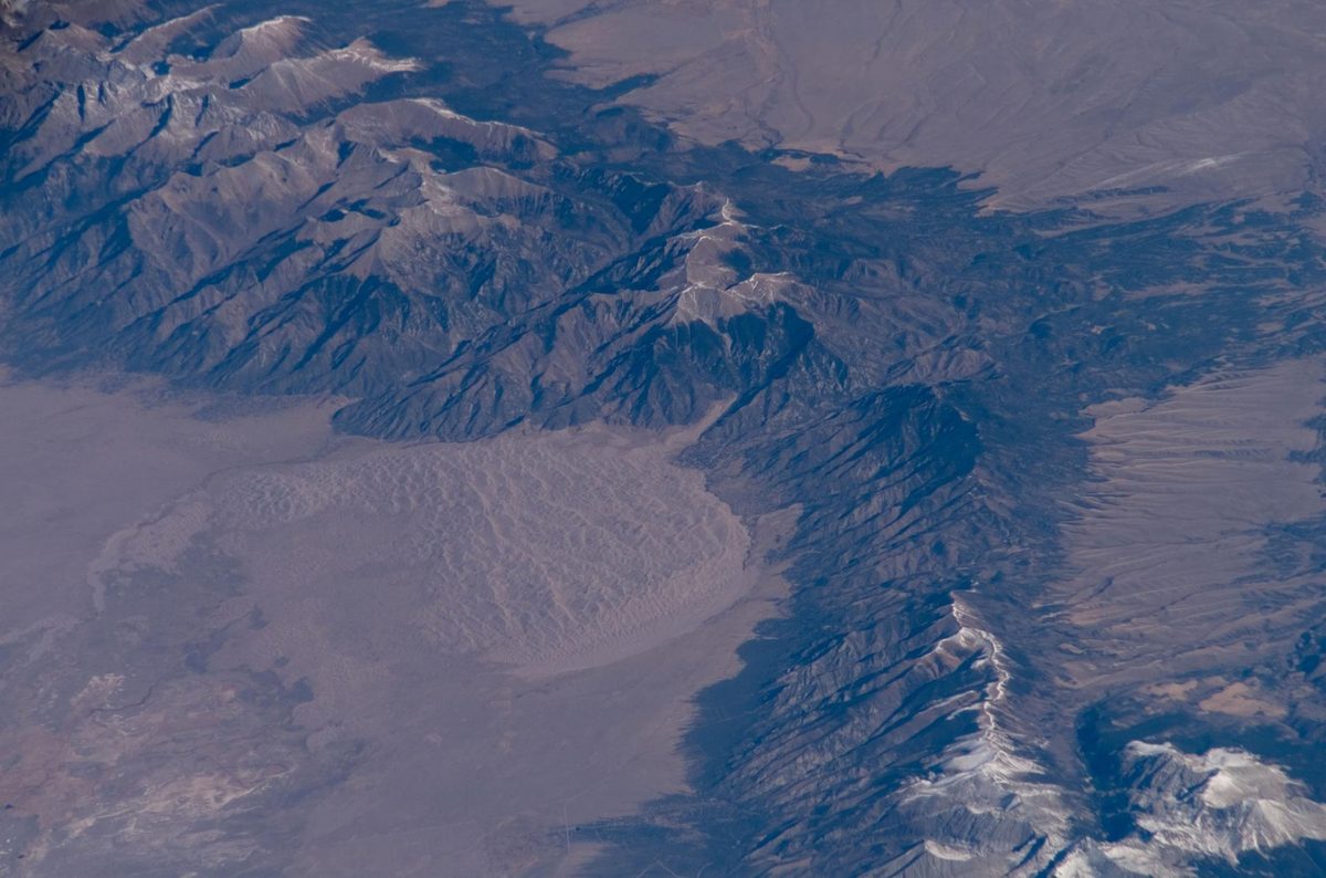 Great Sand Dunes National Park and the snow-capped Sangre de Cristo Mountains, photographed from the International Space Station