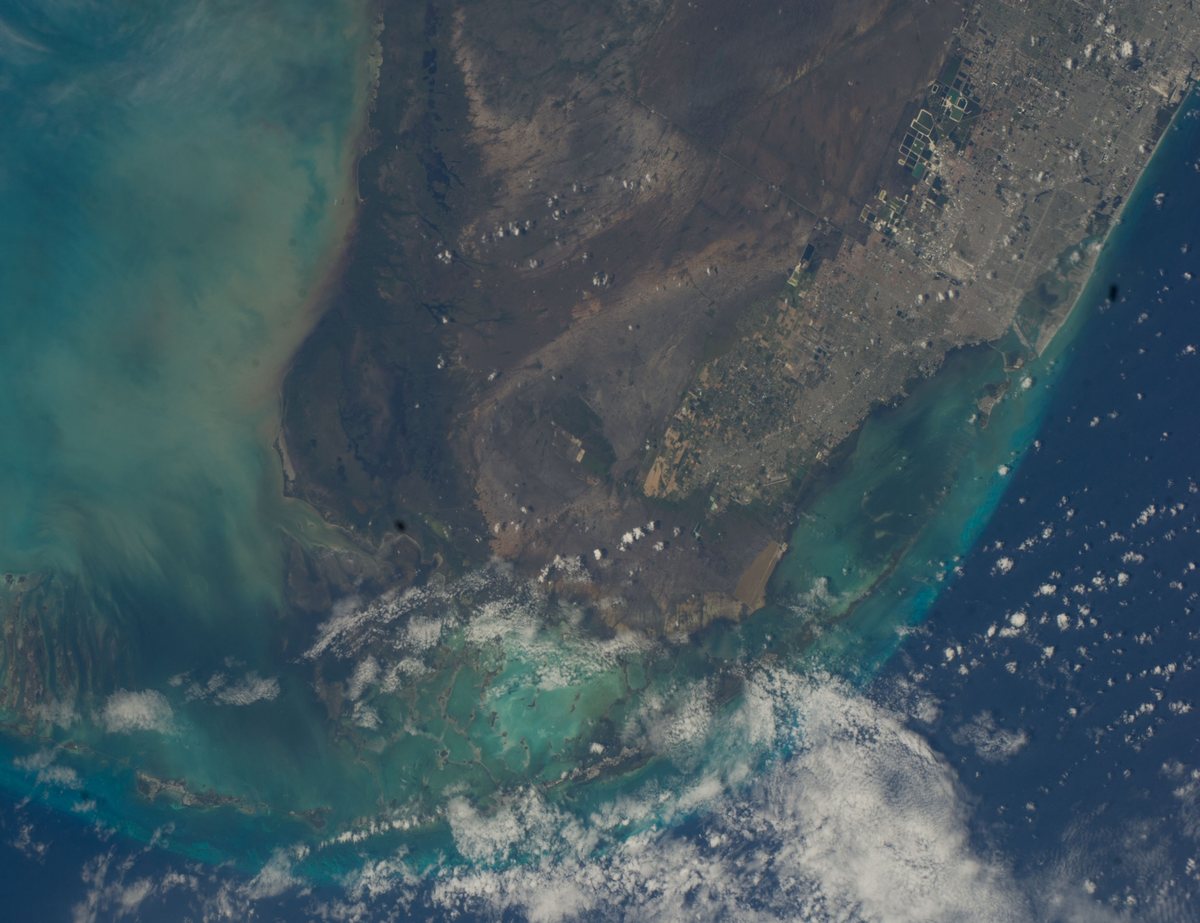Southern Florida from the International Space Station, with the grey grid of the Miami area along the Atlantic coast, the brown Everglades to the west and the turquoise shallows of Florida Bay and the Keys below