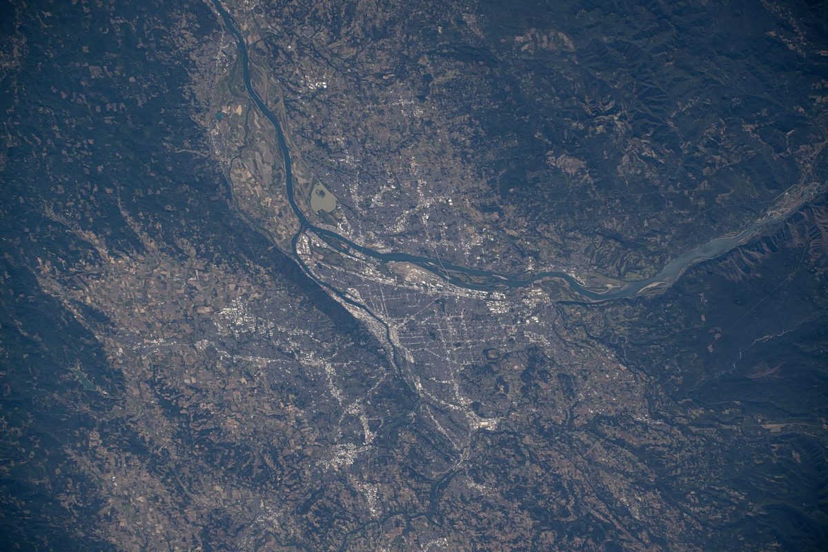 Portland, Oregon, at the junction of the Willamette and Columbia rivers, photographed from the International Space Station