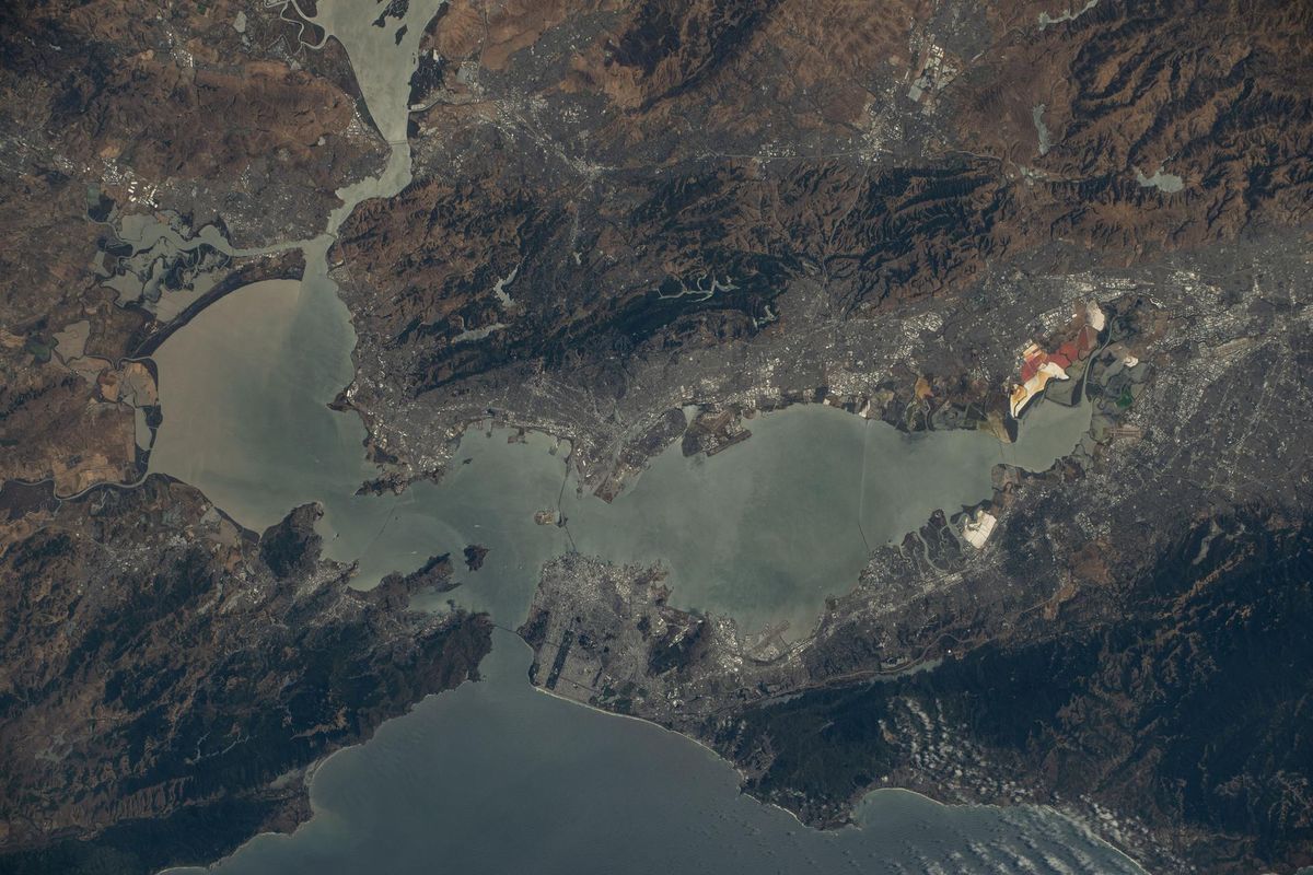 The San Francisco Bay Area by day from the International Space Station, showing the bay, the Golden Gate, the Marin Headlands and the East Bay hills