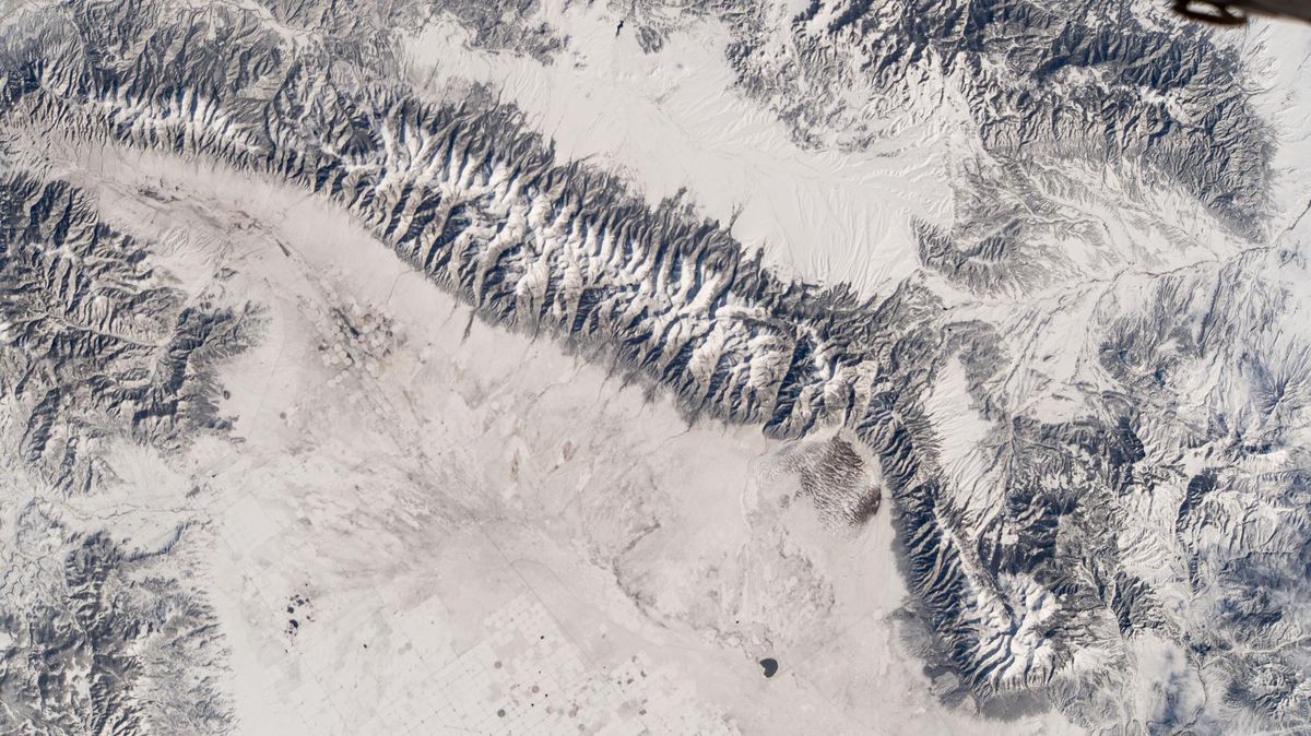 The snow-covered Sangre de Cristo range in southern Colorado photographed from the International Space Station