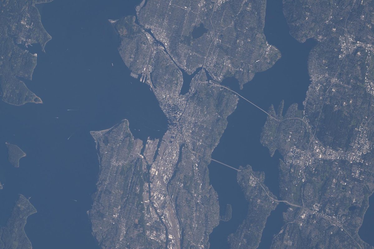 Seattle between Puget Sound and Lake Washington, photographed from the International Space Station in June 2026
