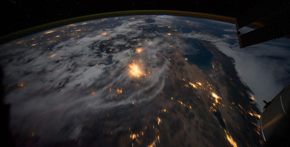 Southern California, Baja California and the Salton Sea at night from the International Space Station, the coastal cities bright and the desert dark