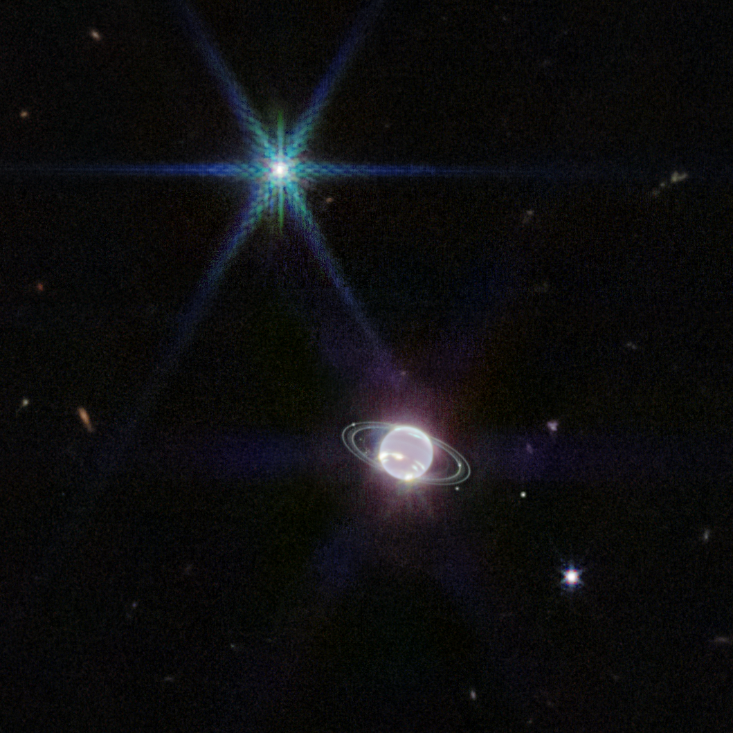 Neptune as seen by James Webb Space Telescope NIRCam revealing rings and moons in infrared light