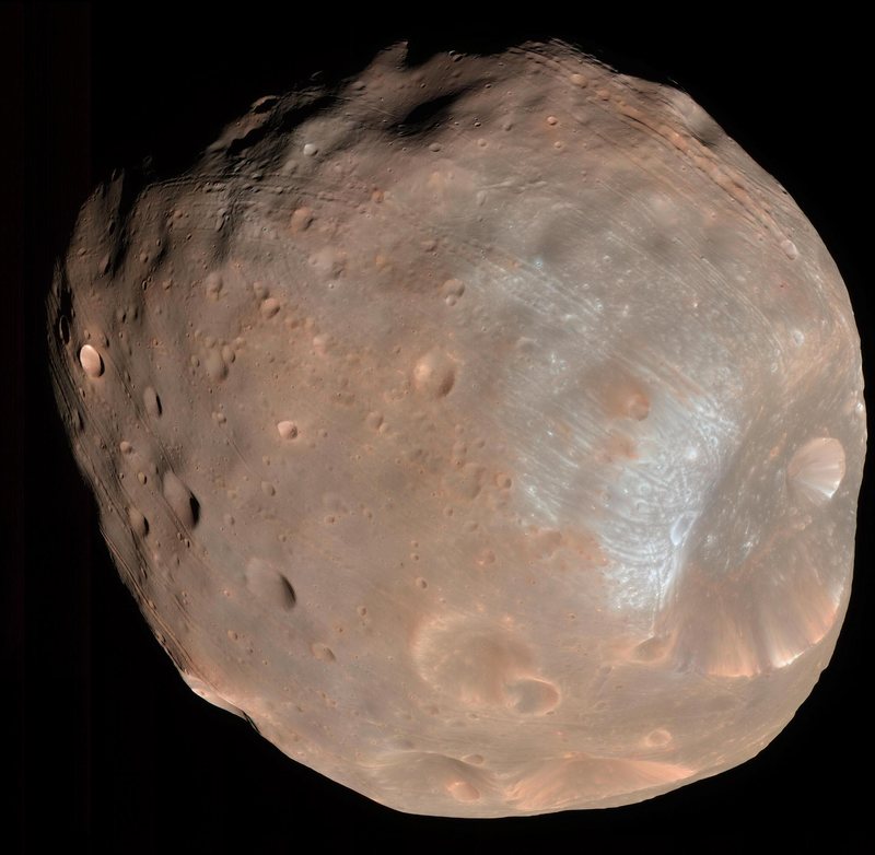 Colour view of Phobos from NASA's Mars Reconnaissance Orbiter showing the large crater Stickney and the moon's parallel grooves
