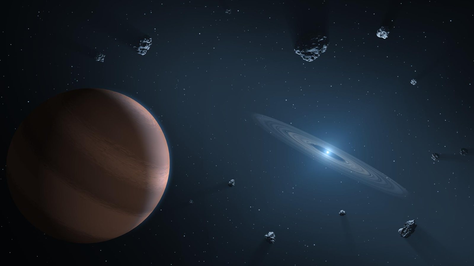 Artist's concept of a polluted white dwarf: a small, intensely bright stellar remnant surrounded by a glowing disc of rocky debris, with a planet in the foreground