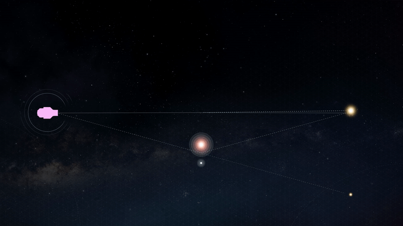 Animated NASA diagram of gravitational microlensing — showing how a foreground star with a planet passes in front of a distant background star, bending and amplifying the background star's light in a characteristic bell-shaped brightness curve. The planet adds a secondary short-duration spike, revealing its mass and orbital distance even though neither the lens star nor the planet can be directly imaged