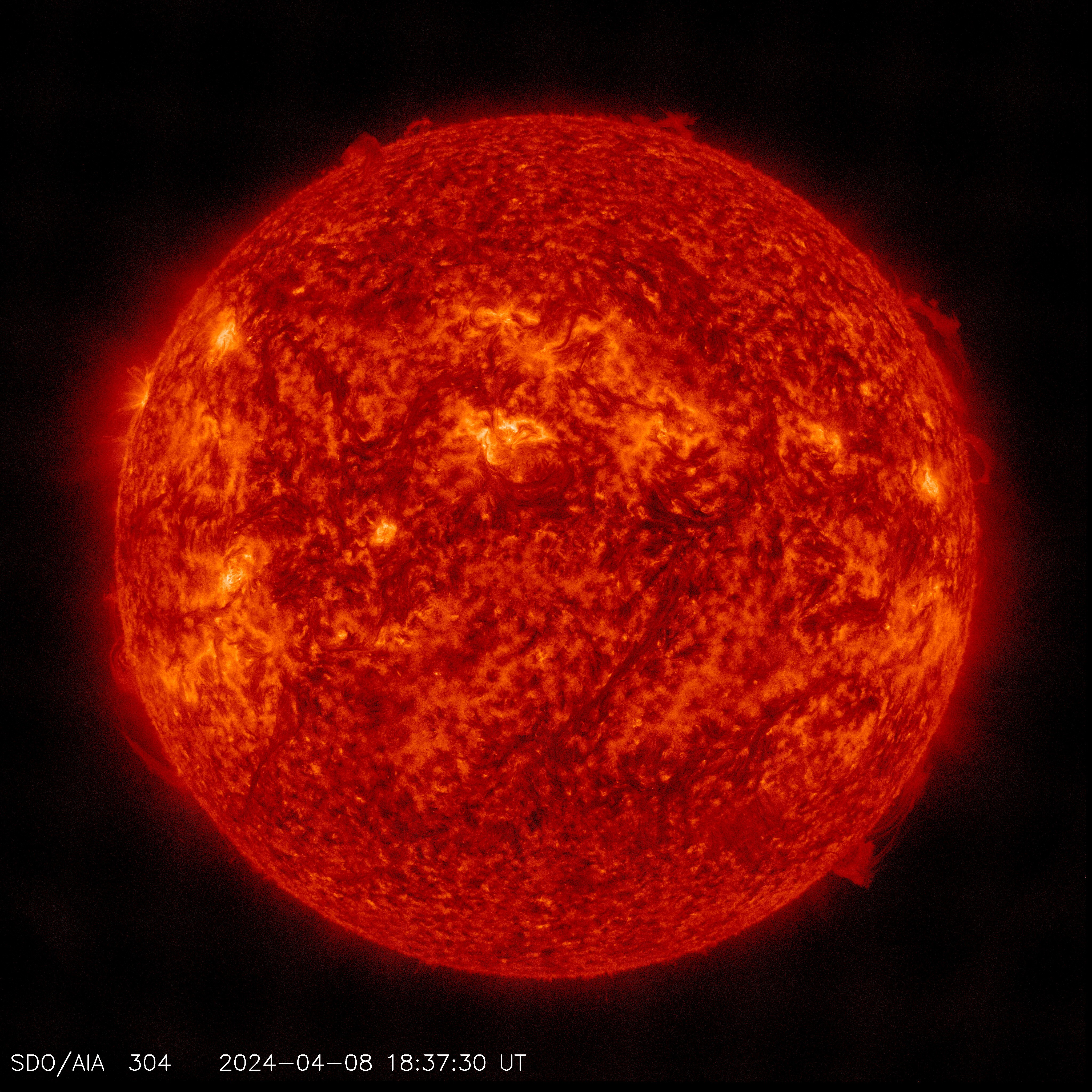 NASA Solar Dynamics Observatory (SDO) image of the active Sun showing prominences and chromospheric detail