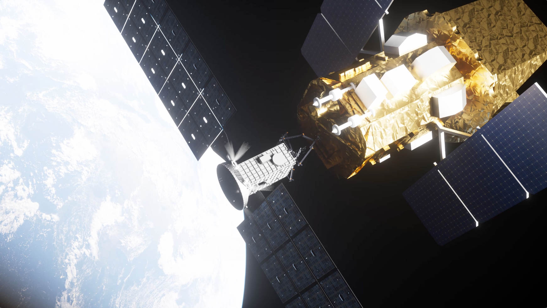 Artist concept of Katalyst Space's Lift spacecraft approaching NASA's Neil Gehrels Swift Observatory in orbit