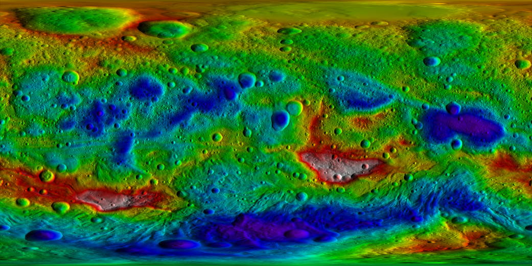 NASA Dawn spacecraft topographic map of Vesta showing elevation variations — the massive Rheasilvia basin at the south pole is the deepest feature, while the equatorial trough system Divalia Fossa circles the asteroid's midsection