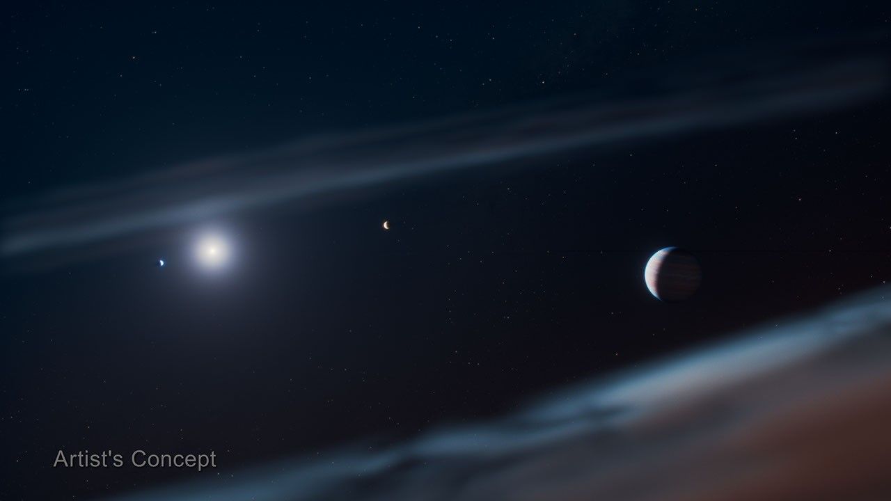 Artist's concept of the Beta Pictoris planetary system. A dusty disk extends across the upper third of the image. Below the star, the newly discovered Beta Pictoris d appears as a large exoplanet with orange cloud bands on the right side of the illustration.