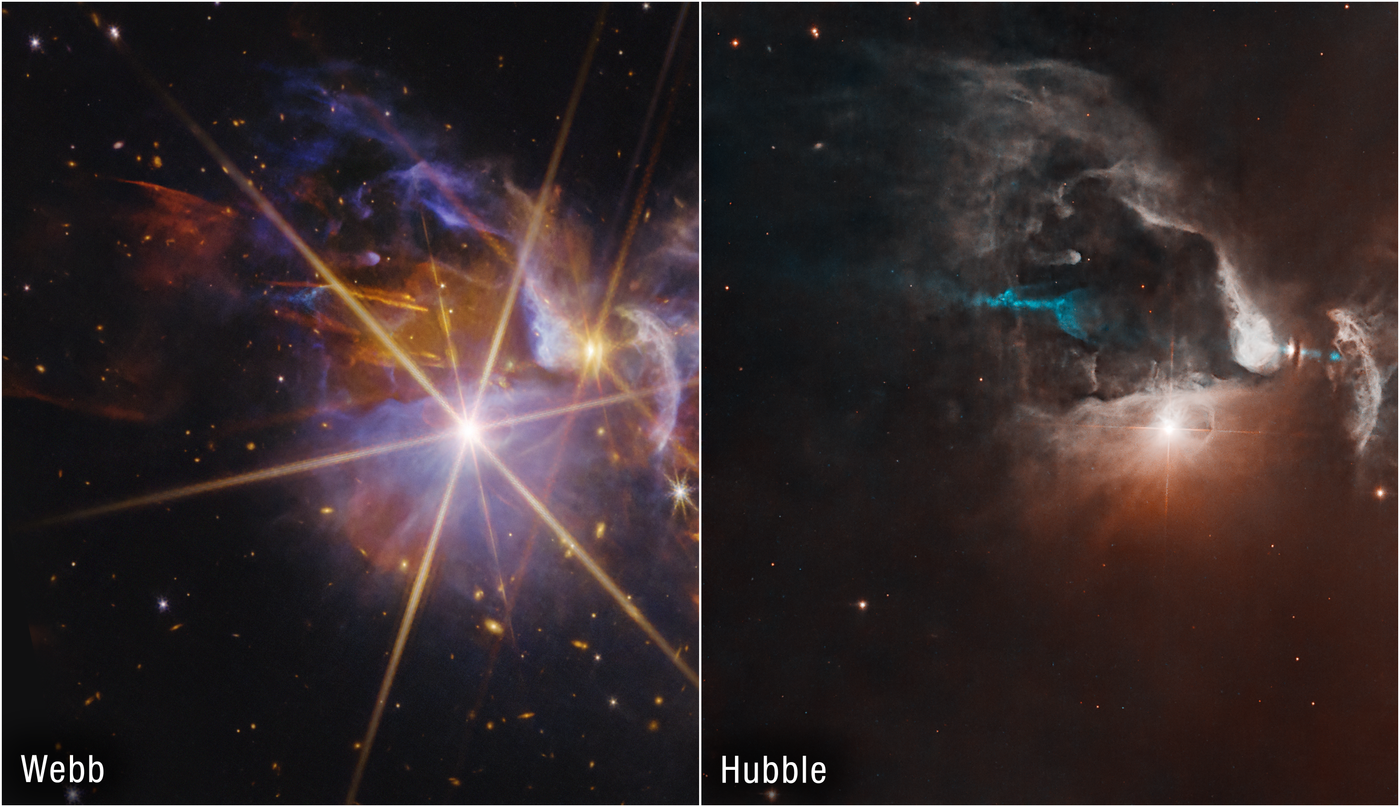 Side-by-side comparison of FS Tau as seen by Hubble (visible light) and Webb (infrared) — Hubble shows only a few bright points through thick dust, while Webb reveals the full protostar population and structure