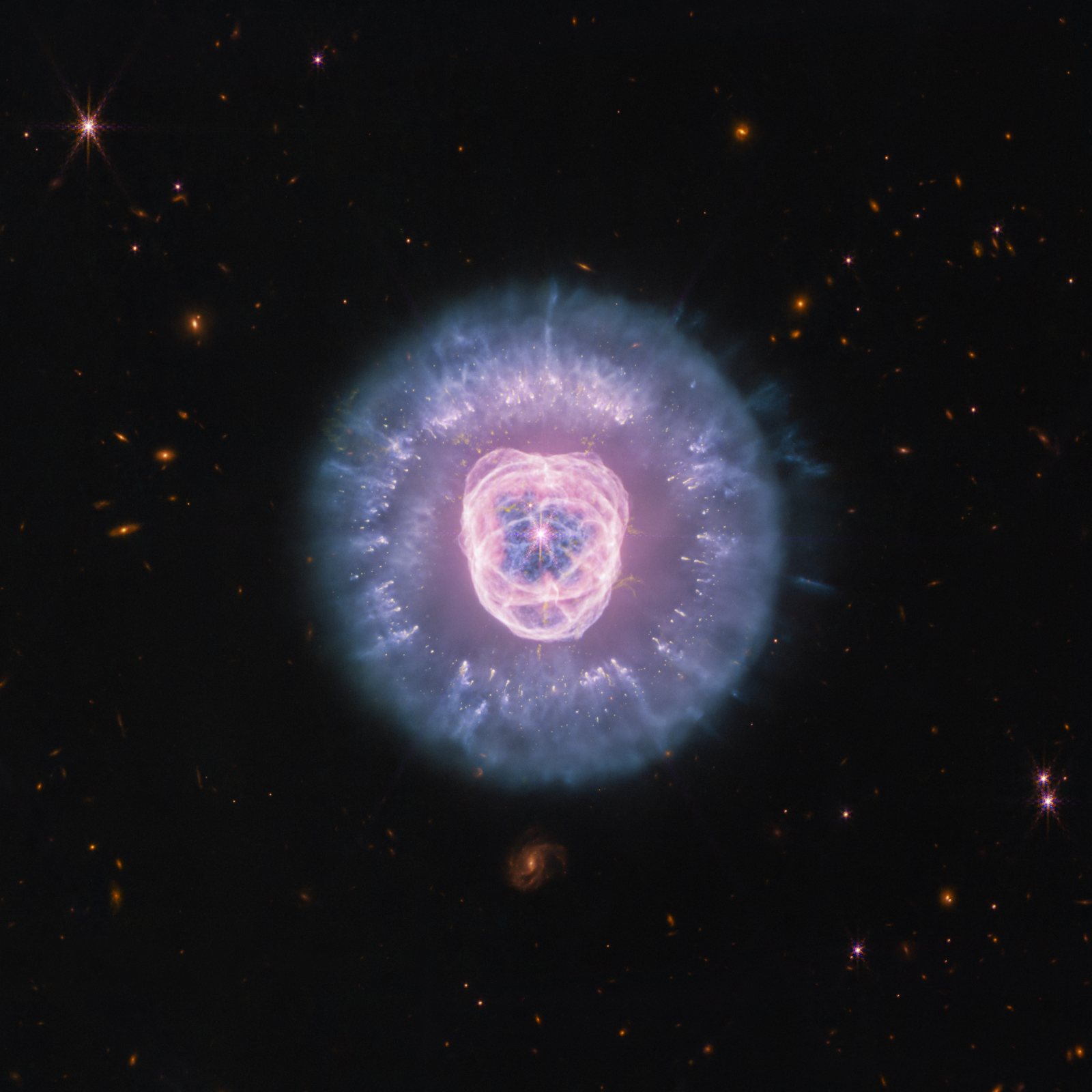 Webb NIRCam and MIRI combined image of the Lion Nebula (NGC 2392) — a circular nebula shaped like a male lion's head, with a glowing white dwarf at the center, purple-pink cavernous bubbles forming the face, and a thick ring of dust resembling a mane