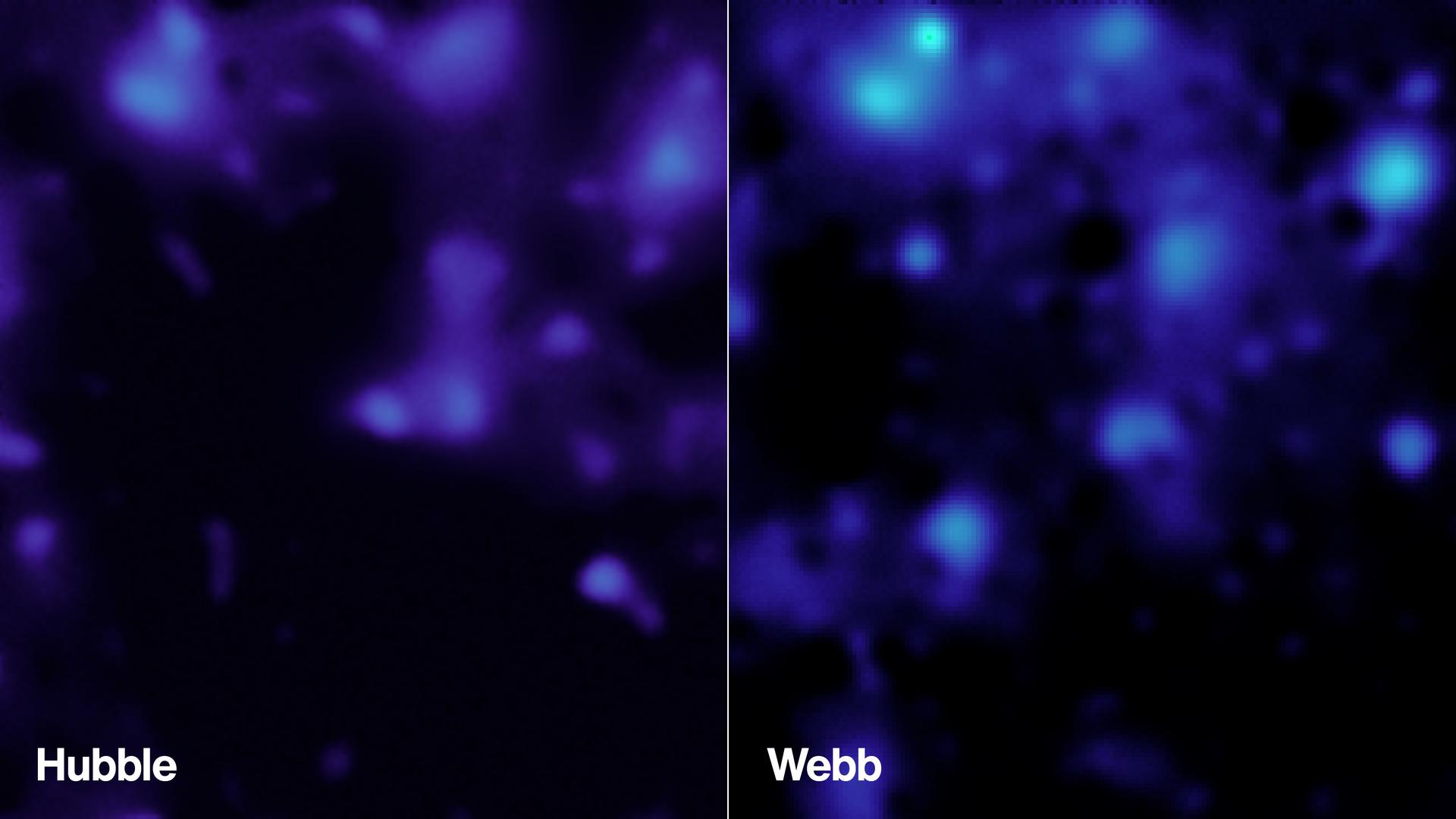 Side-by-side comparison of dark matter mapping: Hubble data from 2007 on the left vs Webb data from 2026 on the right showing higher resolution and more galaxies