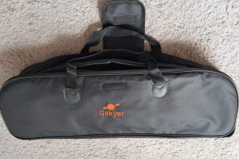 Gskyer 70mm telescope carry case, closed, showing the padded case with Gskyer logo and carrying straps