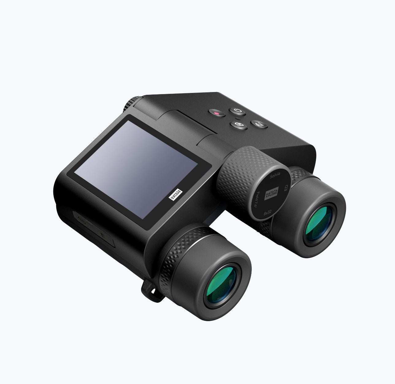 Solvia 8×32 AI Binoculars by MatataXplore — smart binoculars with touchscreen display showing the bird identification interface, held in outdoor use