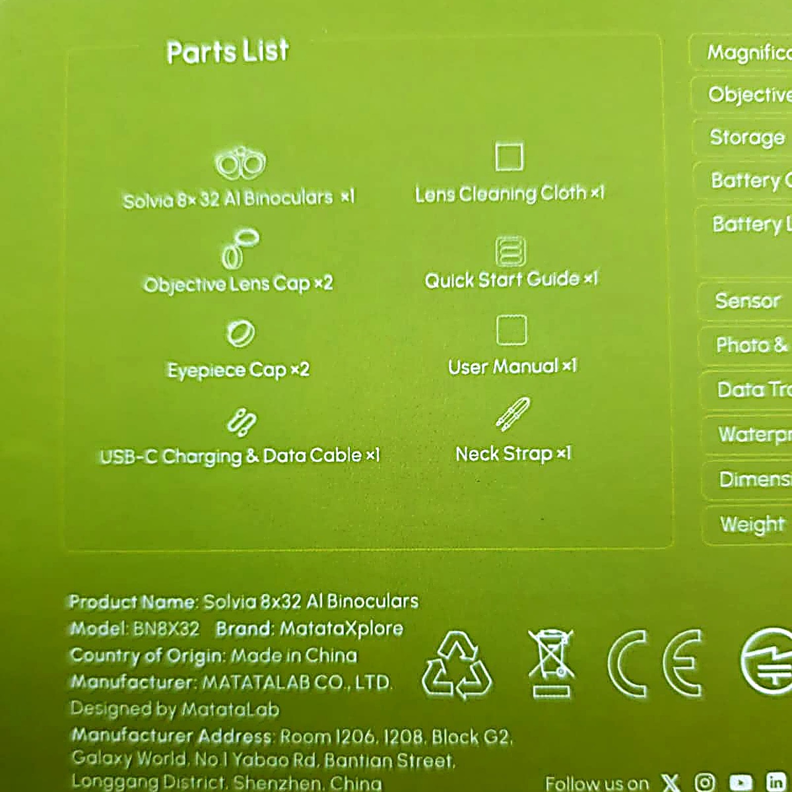 Printed parts list on the inside of the Solvia packaging, listing binoculars, two objective lens caps, two eyepiece caps, USB-C cable, lens cleaning cloth, quick start guide, user manual, and neck strap