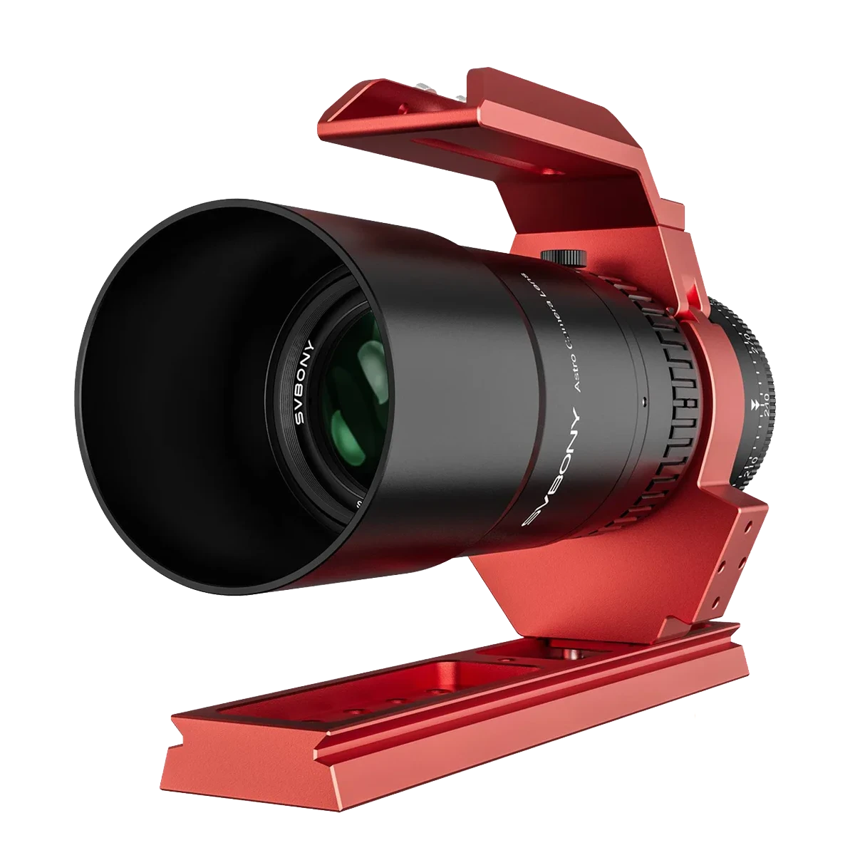 SVBONY SV545 Petzval Refractor Astrograph — 45mm f/4.5 APO astrograph lens with helical focuser and dovetail plate, shown against a deep-sky background