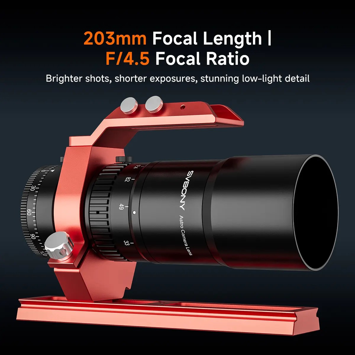 SVBONY SV545 side view showing the helical focuser, dovetail mount, and 360° rotator